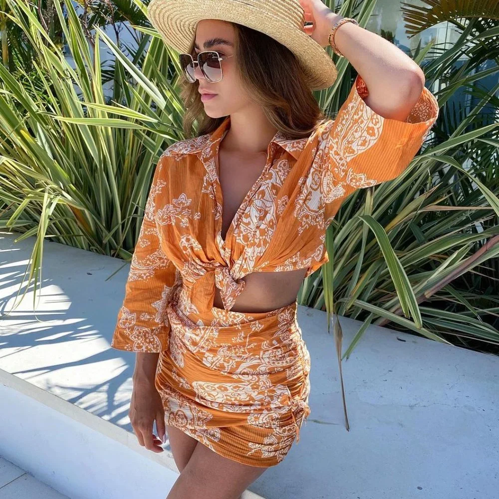 Zara 2 Piece Printed Mini Skirt And Top Co-ord Set Burnt Orange NWT